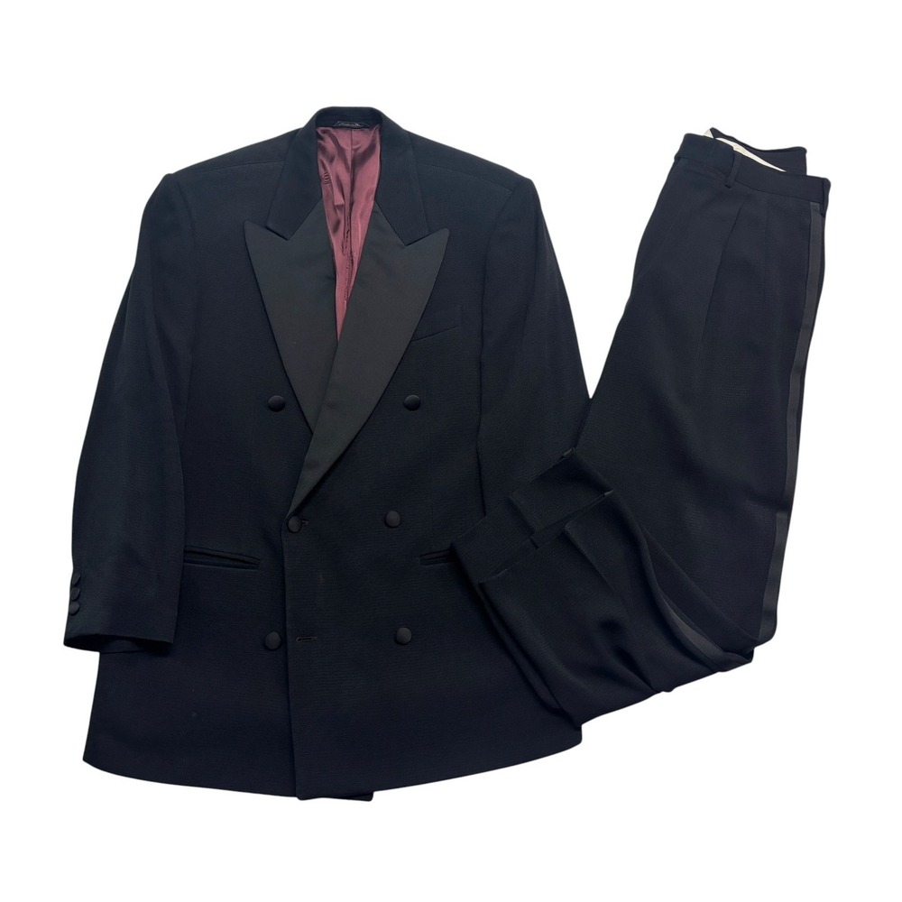vtg Gianfranco Ferre 42R 36x30 Black Tuxedo Suit Double Breasted Italy Pleated